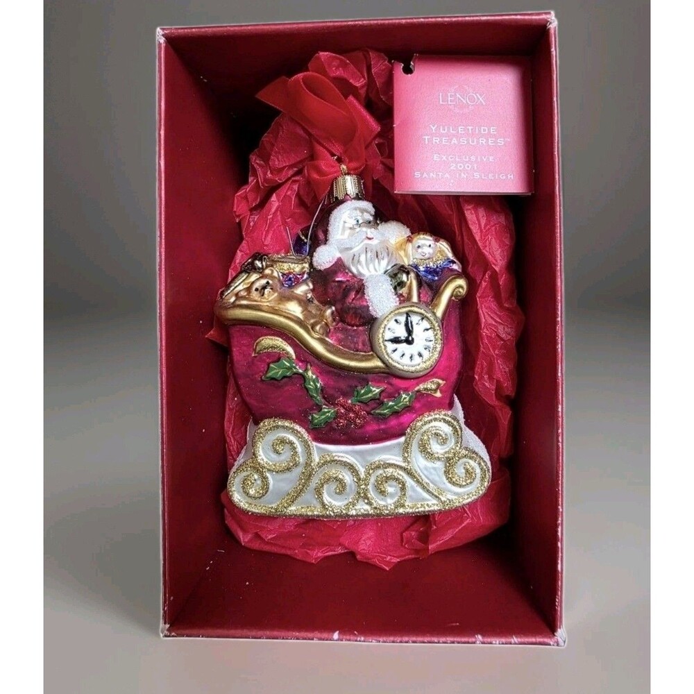 Lenox Yuletide Treasures Santa In Sleigh Blown Glass Ornament w Wear On Box 2001